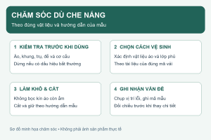 Sơ đồ chăm sóc dù gồm kiểm tra, chọn cách vệ sinh, làm khô và ghi nhận vấn đề